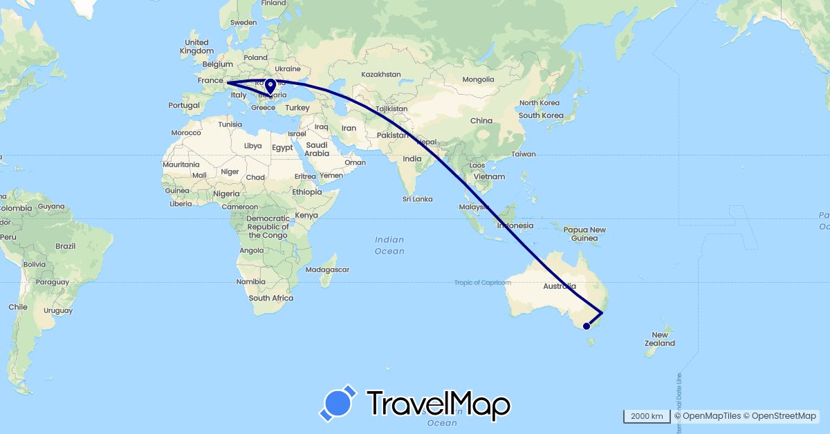 TravelMap itinerary: driving in Australia, Bulgaria, Italy (Europe, Oceania)