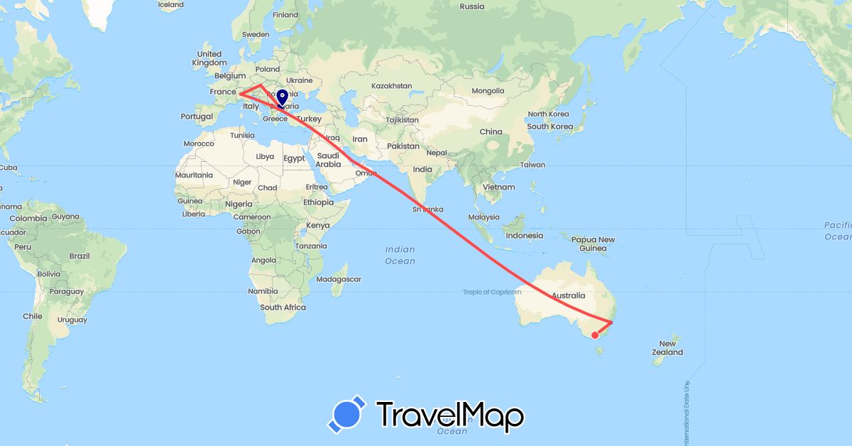 TravelMap itinerary: driving, hiking in Austria, Australia, Bulgaria, Italy, Qatar (Asia, Europe, Oceania)